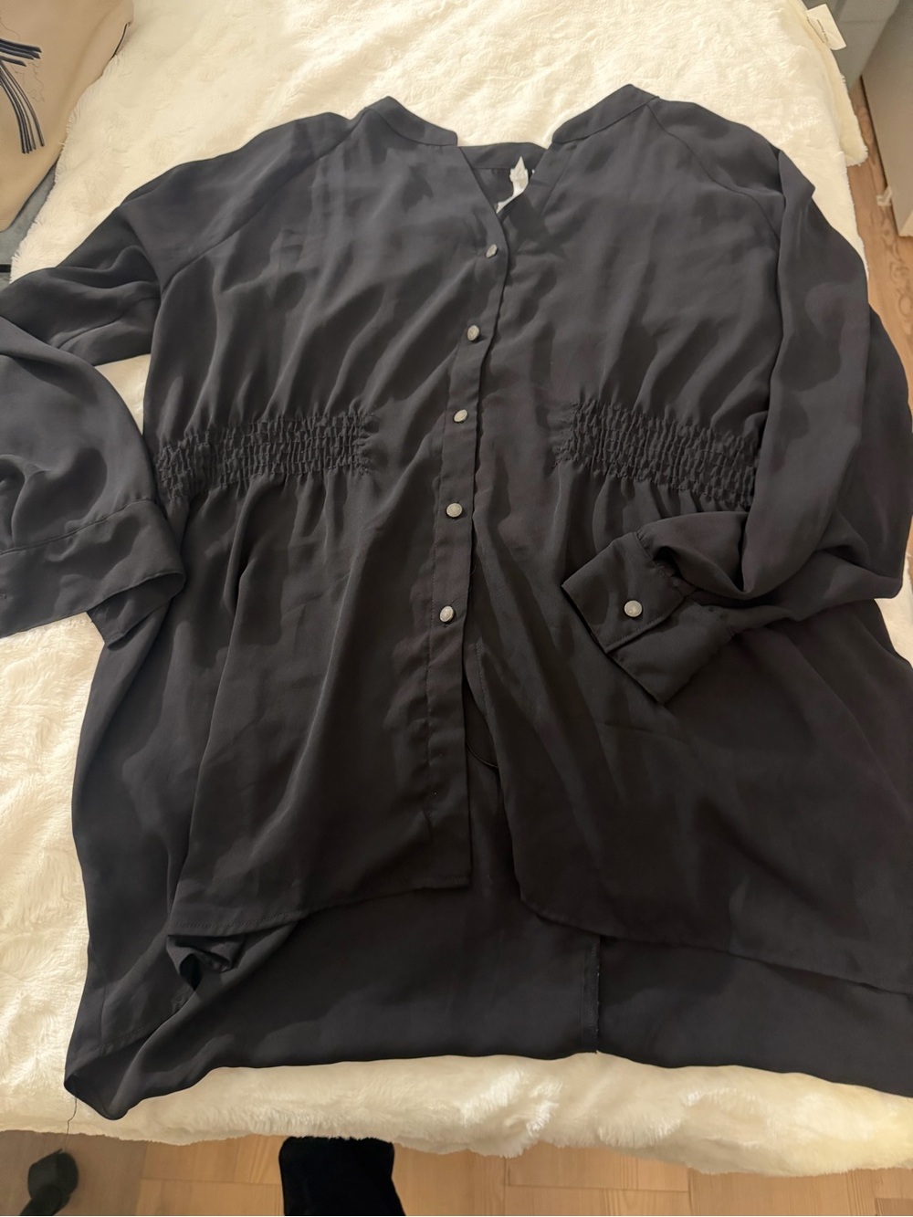 Black Button-Front Smocked Waist Tunic 1X